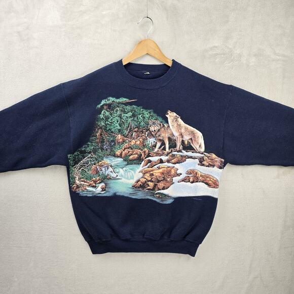 Vintage Habitat Wolves Sweatshirt Mens Large 90s Nature AOP Animal Wrap Around - Picture 2 of 8